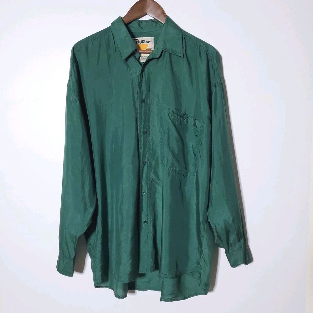 Vtg Protest Mens Green Silk Button Front Shirt Size M Long Sleeves Pocket